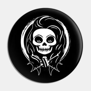 Female Knitter Skull and Knitting Needles White Logo Pin