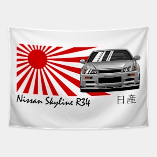 Nissan Skyline r34 GTR Japanese Flag, JDM Car Tapestry