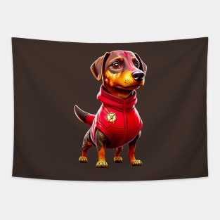 Fast and Fashionable: Dachshund in Red Speedster Suit Tapestry
