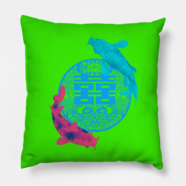 Double Happiness Koi Fish - Yoga Calm Vibe Turquoise and Pink Pillow by CRAFTY BITCH