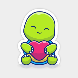 Cute Turtle Sit Holding Love Cartoon Illustration Magnet