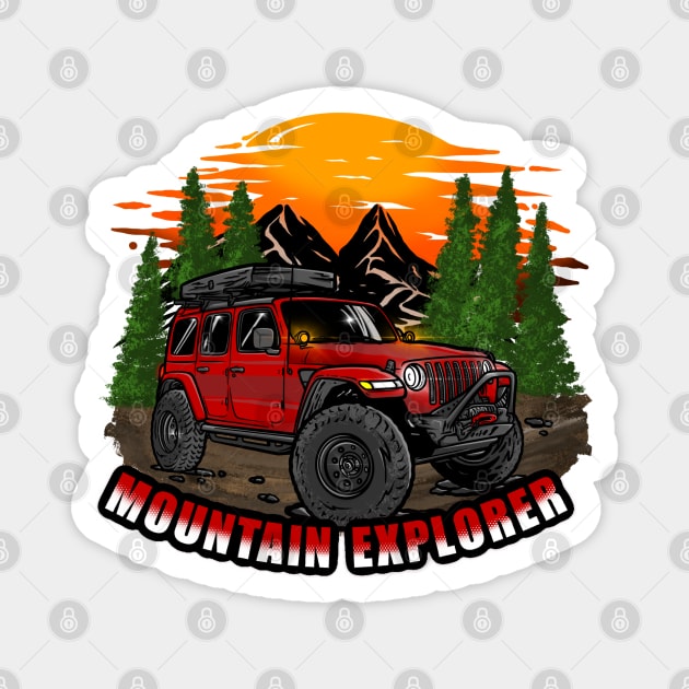 Mountain Explorer Red Jeep Wrangler Rubicon Magnet by 4x4 Sketch