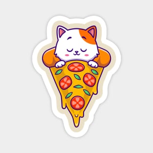 Cute Cat Sleeping On Pizza Cartoon Magnet