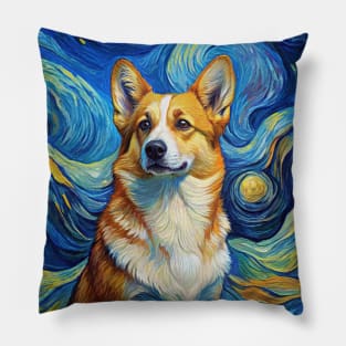 Pembroke Welsh Corgi Dog Breed Painting in a Van Gogh Starry Night Art Style Pillow