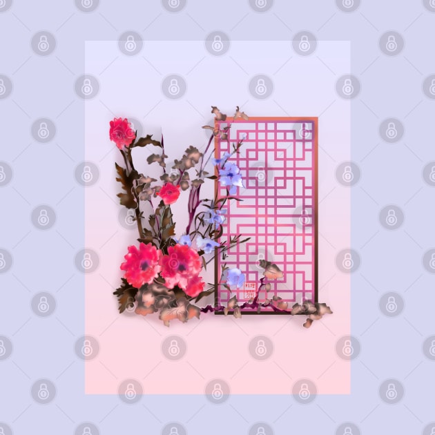 Pink sumiE watercolor flowers with a chinese lattice by cuisinecat