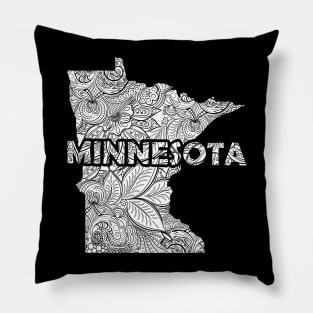 Mandala art map of Minnesota with text in white Pillow