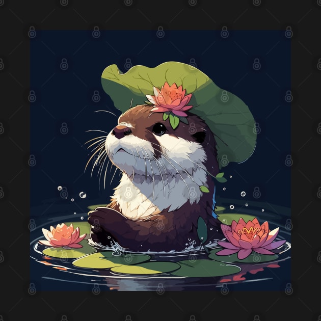 Kawaii Anime Otter Bath With Water Lily by TomFrontierArt
