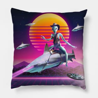 Cowboy Space Alien Riding Laser Shark Pillow