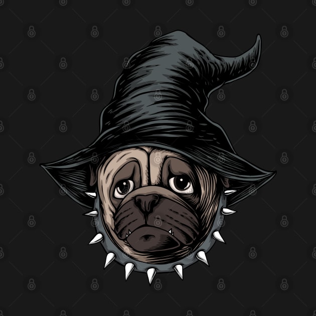 halloween pug dog wear hat witch illustration by affane