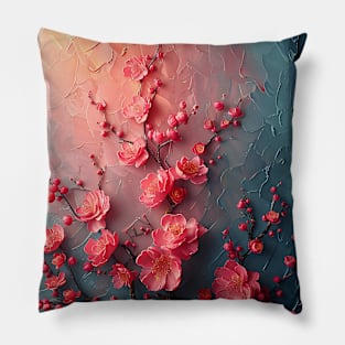 Abstract painting of pink flowers against golden subset Pillow