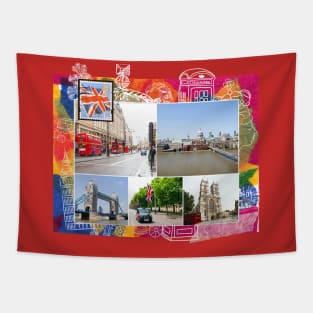 London Collage on Colorful Abstract Background Tapestry