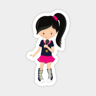 Rock Girl, Black Hair, Microphone, Band Singer Magnet