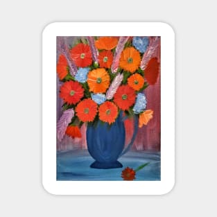 carnations mixed flowers in a blue jug vase Magnet