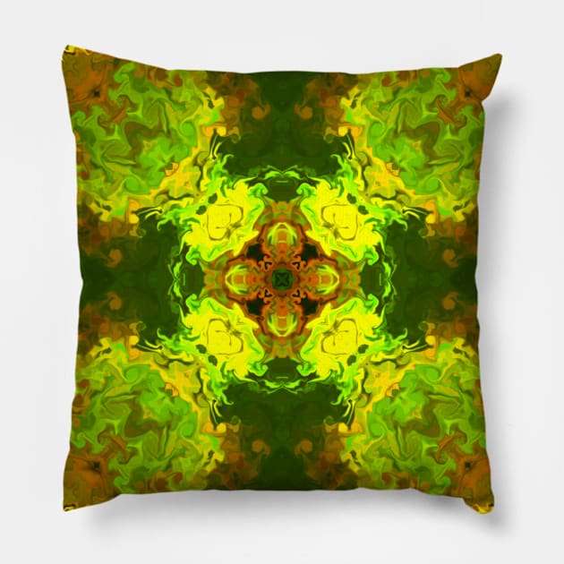 Psychedelic Hippie Green and Yellow Pillow by WormholeOrbital