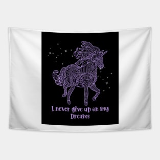 I Never Give Up On My Dreams Beautiful Purple Geometrical Unicorn With Sparkle Tapestry