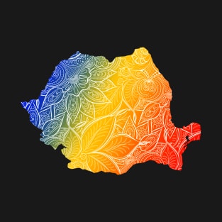 Colorful mandala art map of Romania with text in blue, yellow, and red T-Shirt