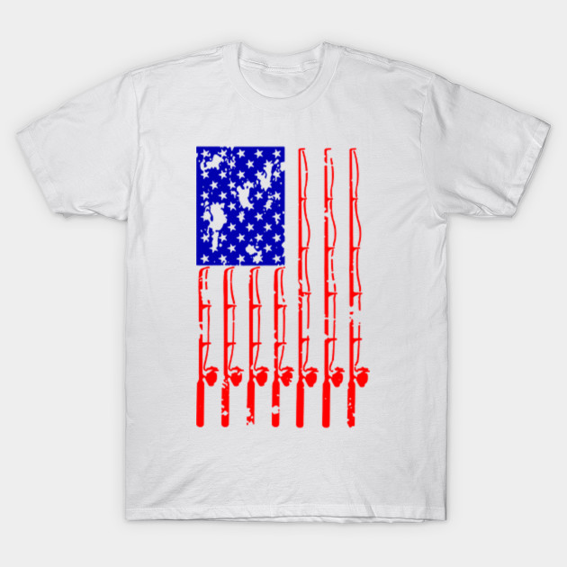 Fishing Pole American Flag Patriotic Outdoorsman T-Shirt by Rone