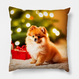 Pomeranian Puppy Dog with Christmas Gifts Pillow