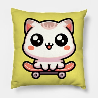 Kawaii Cat on a Skateboard Pillow