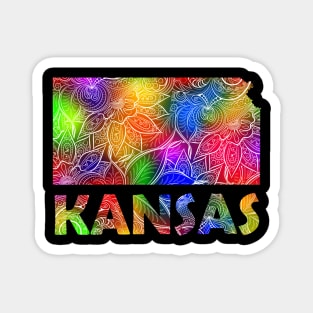 Colorful mandala art map of Kansas with text in multicolor pattern Magnet