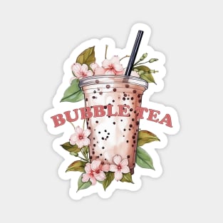 BUBBLE TEA - boba tea - flowers and green leafs Magnet