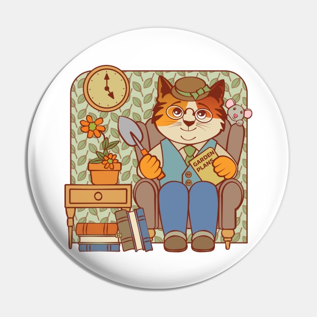 Armchair Gardener Cat and Mouse Pin by Sue Cervenka