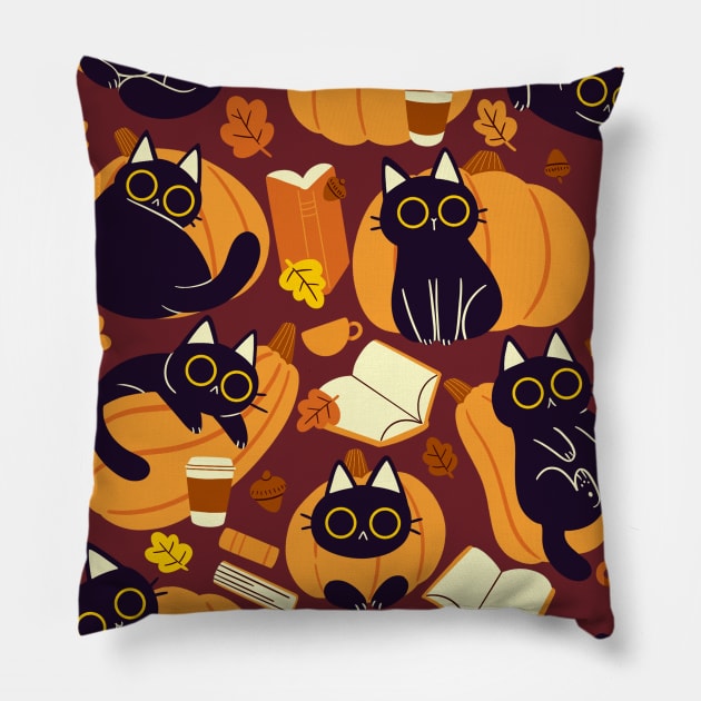 Cats, Pumpkins and Books Pillow by TaylorRoss1