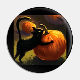 Black Cat Playing With Pumpkin Pin