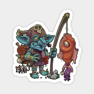 Cute cartoon goblin goes fishing and catches large fish. Magnet