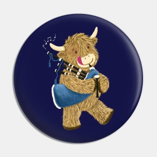 Wee Hamish The Happy Scottish Highland Cow Playing Bagpipes Pin