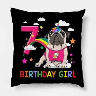 Pug Birthday - 7 Years Old Unicorn Pugicorn Party Pillow