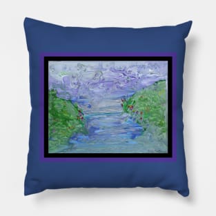 Blue Clouds Green Grass Water Creek Flowers landscape nature window wildlife creatures in clouds swirling Pillow
