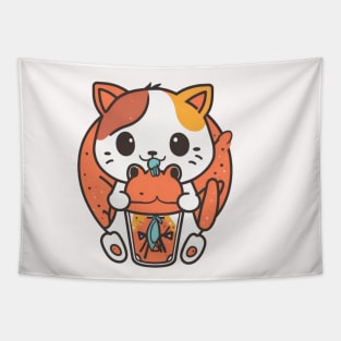 Kawaii Kitty With Drink Tapestry