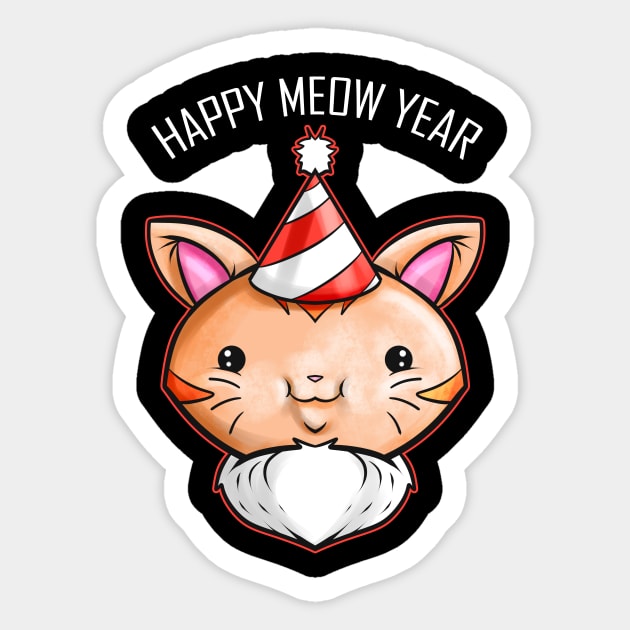 Cute Kawaii Cat Party Hat Happy Meow New Year - Year - Sticker