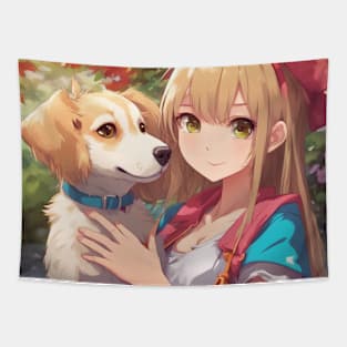 Anime Girl with a cute Dog #003 Tapestry