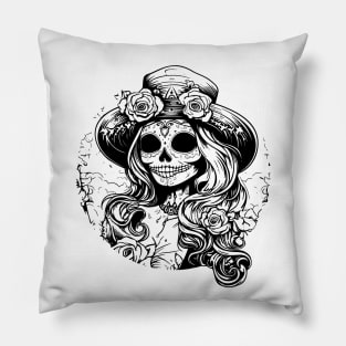 Mexican catrina skull, black and white Pillow