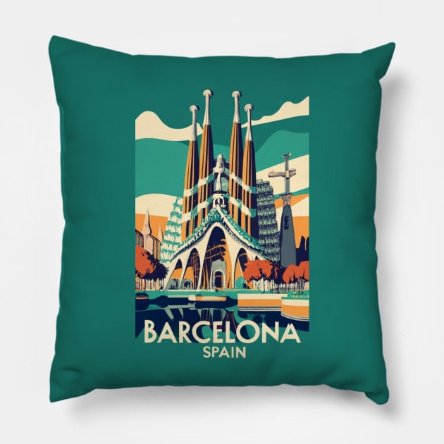 A Vintage Travel Art of Barcelona - Spain Pillow by goodoldvintage