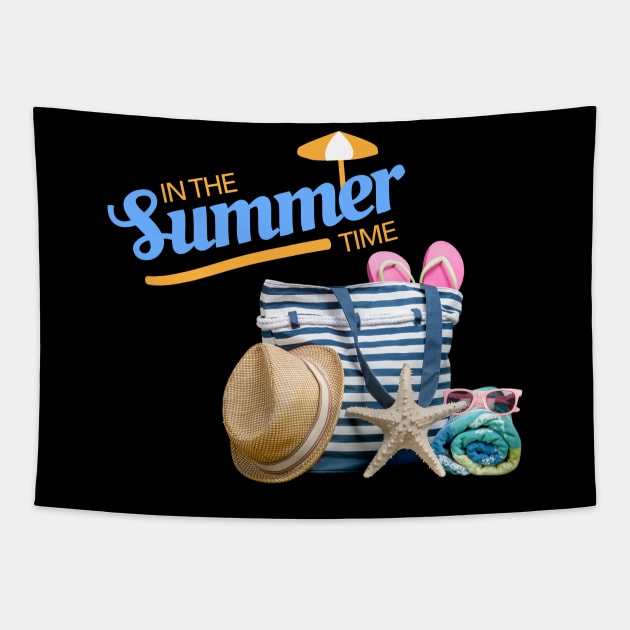 in the summer time funny beach stuff slippers and sunglasses beach bag Tapestry by SweetMay