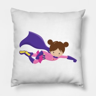 Superhero Girl, Brown Hair, Purple Cape, Cute Girl Pillow