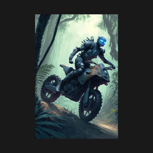 Alien riding a dirt bike in the jungle by KoolArtDistrict