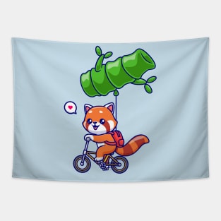 Cute Red Panda Riding Bicycle With Bamboo Balloon Cartoon Tapestry