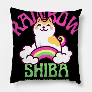 Shiba Inu Unicorn Kawaii Illustration With Rainbow And Cloud Pillow