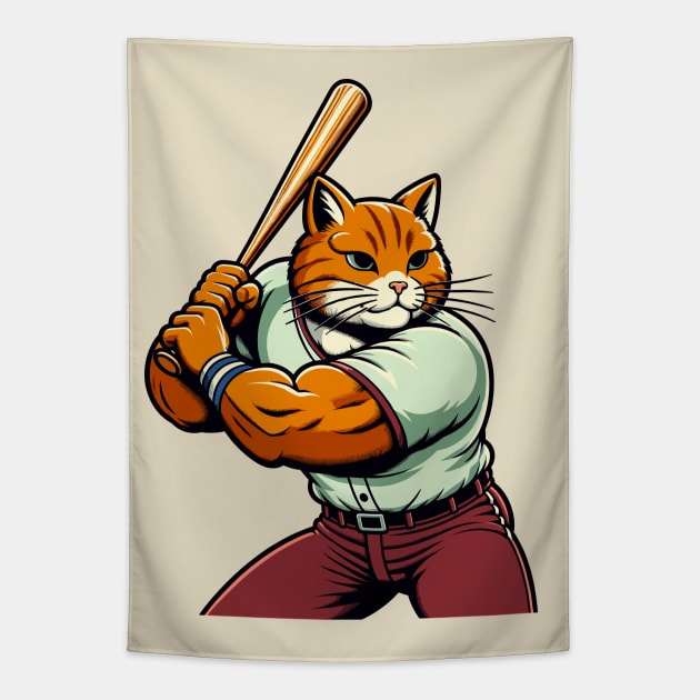 Vintage cat batsman - Retro 1990s Cartoon Style Baseball cat Tapestry by TimeWarpWildlife