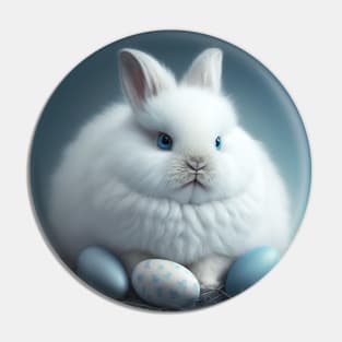 Cute White Fluffy Bunny with Blue Eyes and Easter Eggs Pin