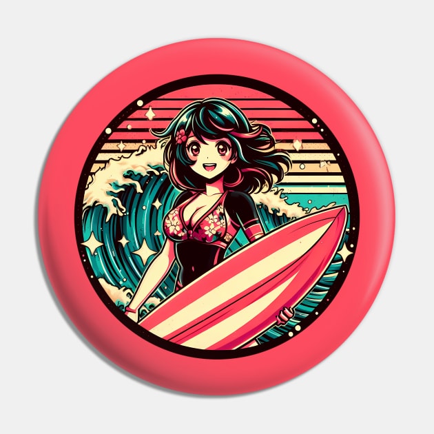 Retro Surfer Star Girl Pin by MightyBiscuit