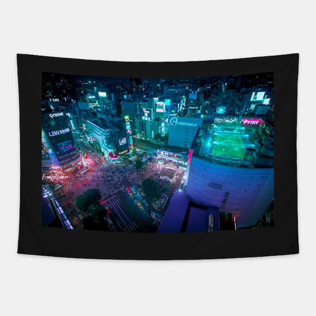 Shibuya crossing from above and Soccer field on the roof Tapestry by TokyoLuv