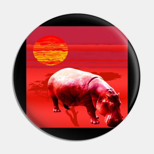 Africa Hippo Sunrise Desert Red Gift T-Shirt Pin by gdimido