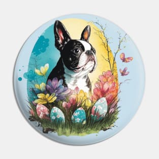 Boston Terrier dog Easter Egg Spring Floral Watercolor Painting Splatter Dog lover art Pin