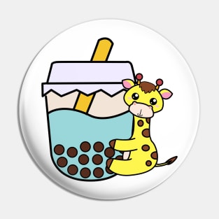 Baby Kawaii Giraffe Hugs Sweet Bubble Tea Blue Boba Tea Pin