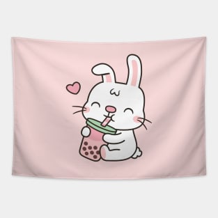 Cute Little White Bunny Enjoying Boba Tea Tapestry